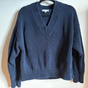 J. Crew Navy V-Neck Sweater with Chunky Knit and Cropped Fit Size L